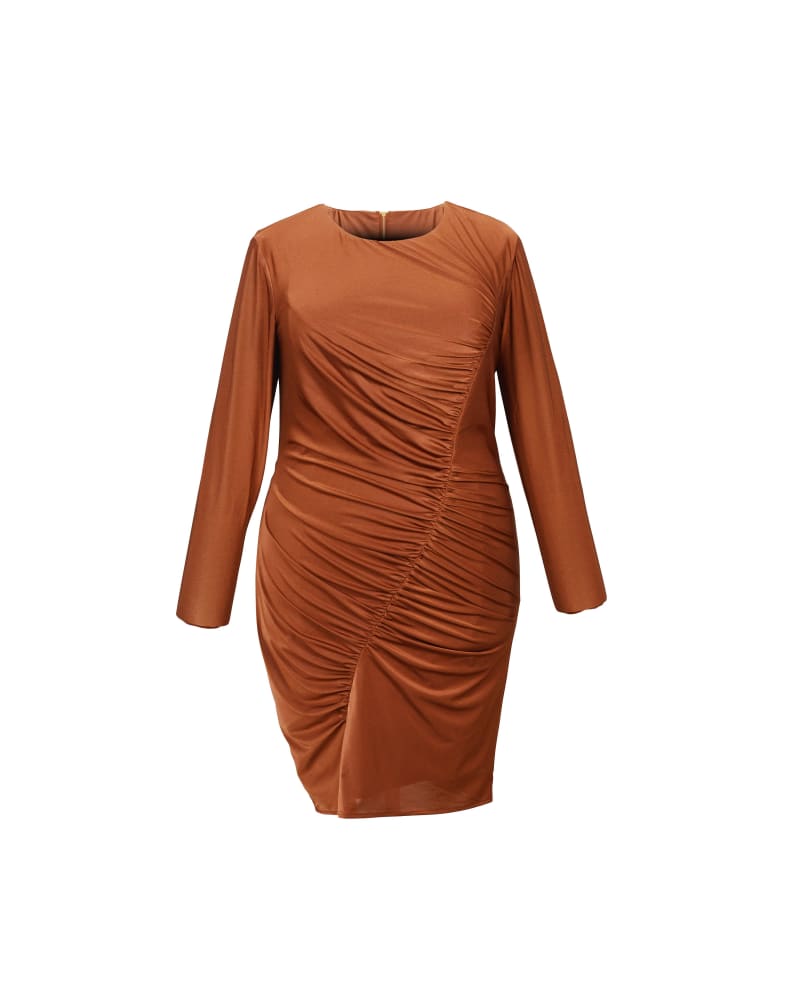 Front of a size M Isla Asym Rushed Dress in Copper by MAYES NYC. | dia_product_style_image_id:248355